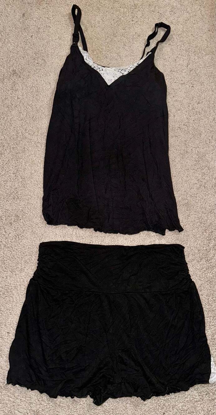 Black and White Lace Trim Cami and Shorts Set Pajamas